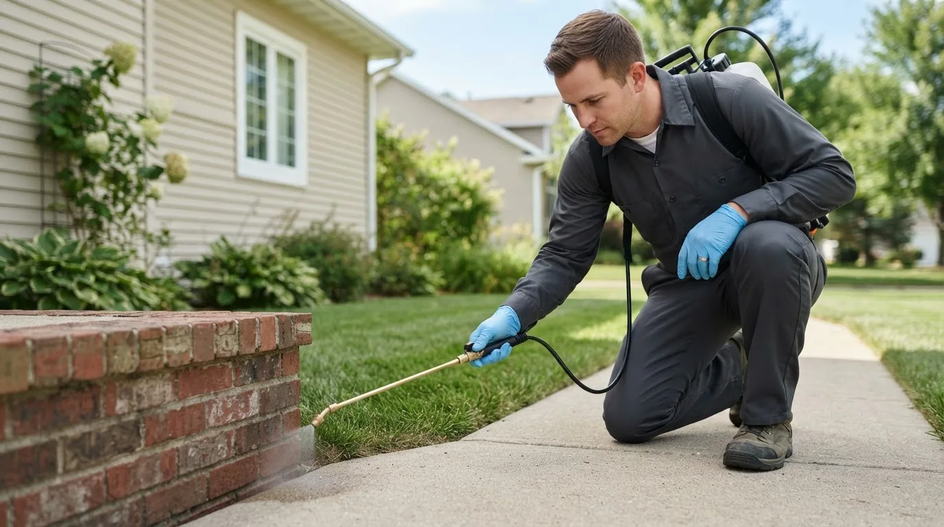 Pest control technician treating a home near New Knoxville, OH