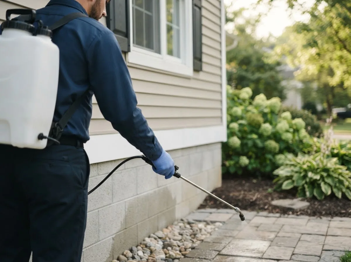 Pest control technician inspecting a home in New Knoxville, OH